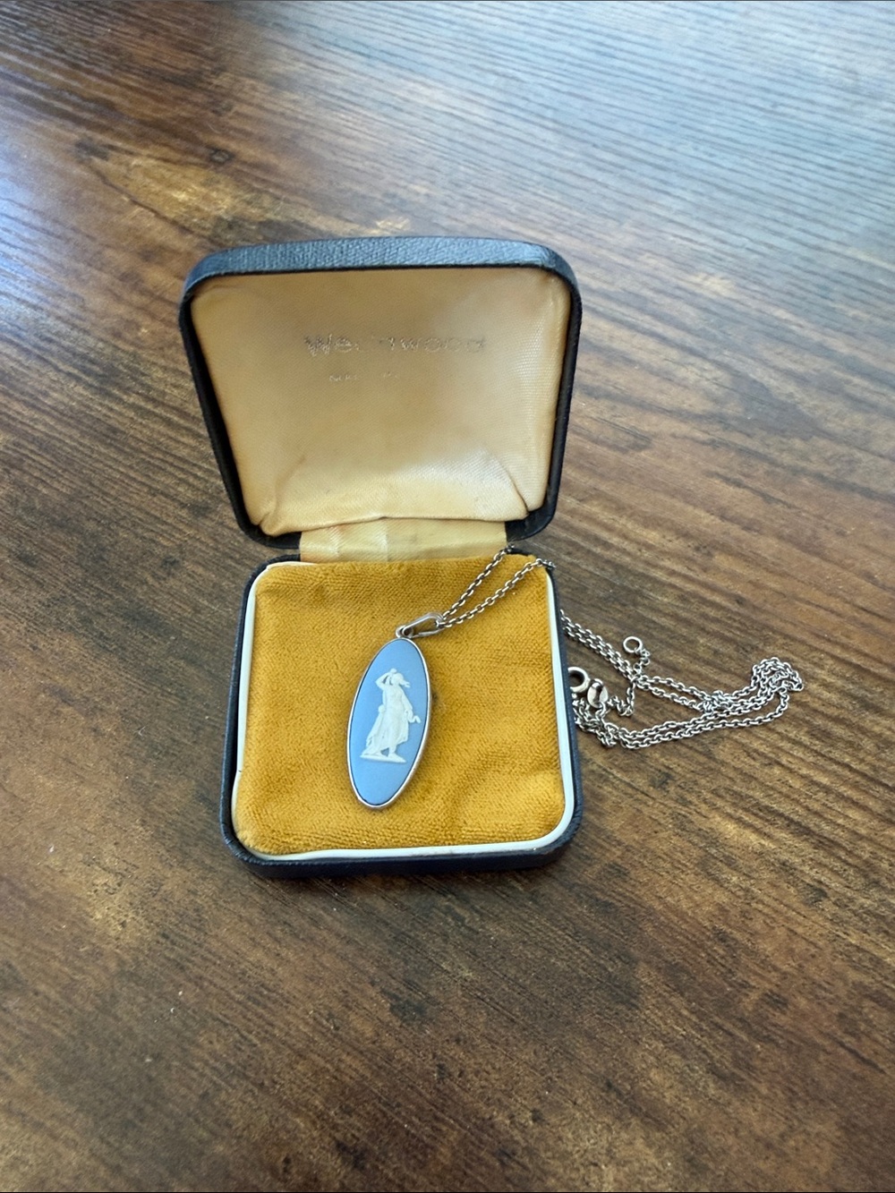 Wedgwood Blue Oval Jasperware Pendant Necklace with White Bas-Relief of Hygieia